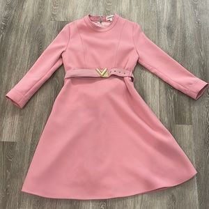 Pink long sleeve V belt lined dress sz small fit like XS 2